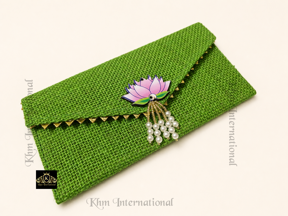 Handmade Jute Envelope Clutch Bag with Lotus & Pearl Embellishment