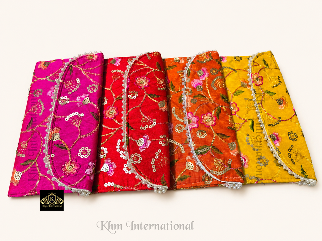 Embroidered Silk Envelope Clutch Bag with Floral Sequin Work & Pearl Border (9x5 Inches)