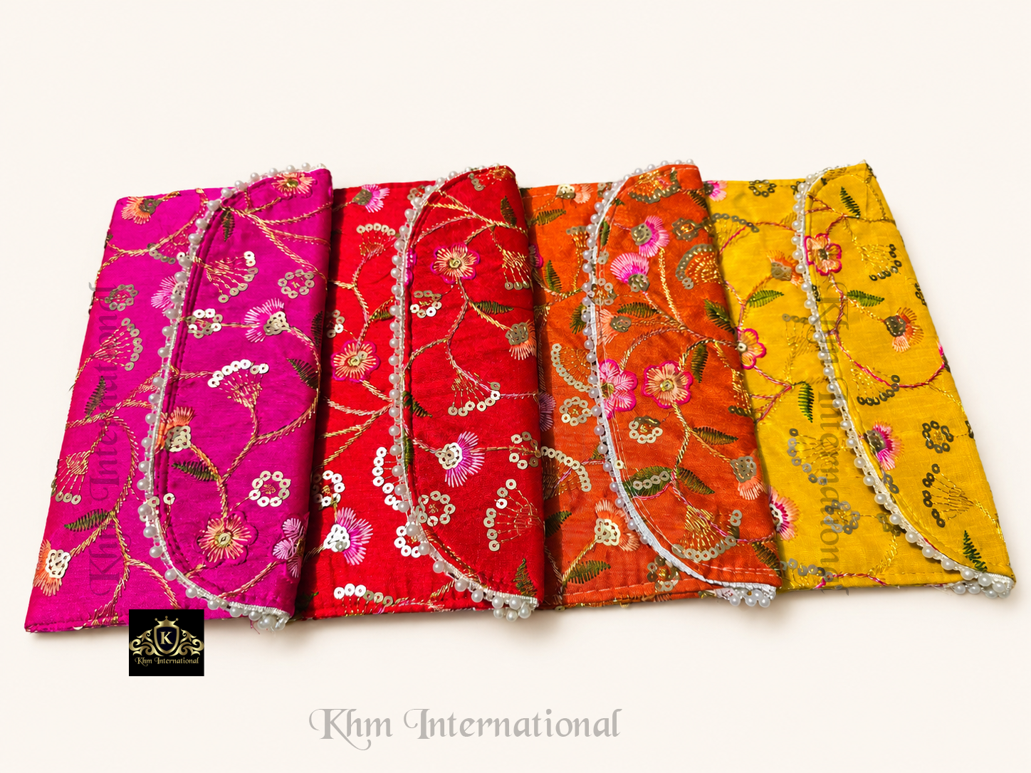 Embroidered Silk Envelope Clutch Bag with Floral Sequin Work & Pearl Border (9x5 Inches)