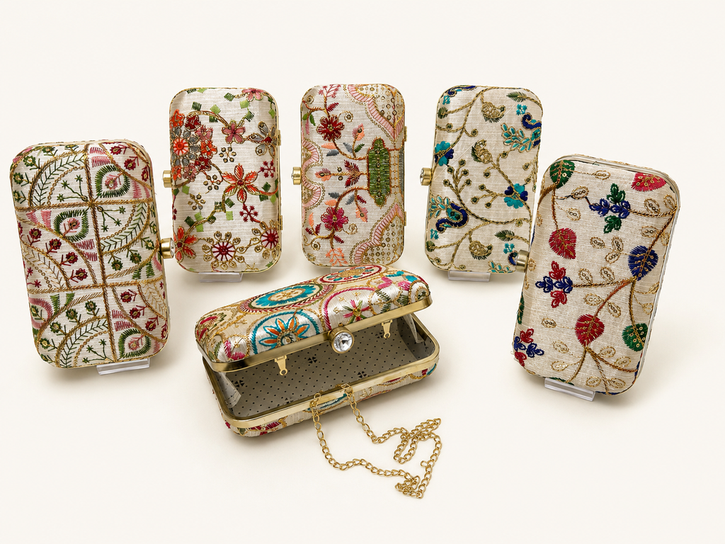 Women’s Embroidered Metal Frame Box Clutch Bag for Wedding & Party