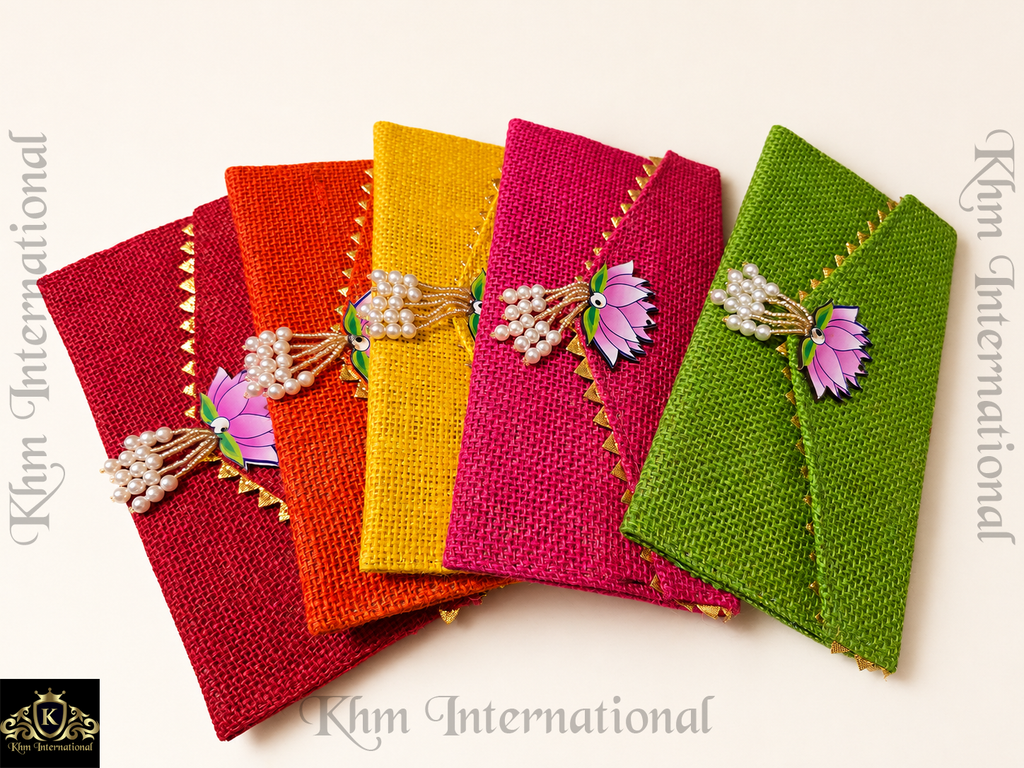 Handmade Jute Envelope Clutch Bag with Lotus & Pearl Embellishment