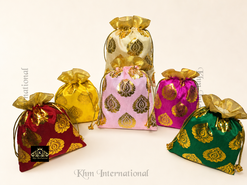 Brocade Potli Bag 7x9 Inch, Assorted Colors Indian Wedding Gift Bag, Traditional Drawstring Pouch, Party Favor & Return Gift Bag