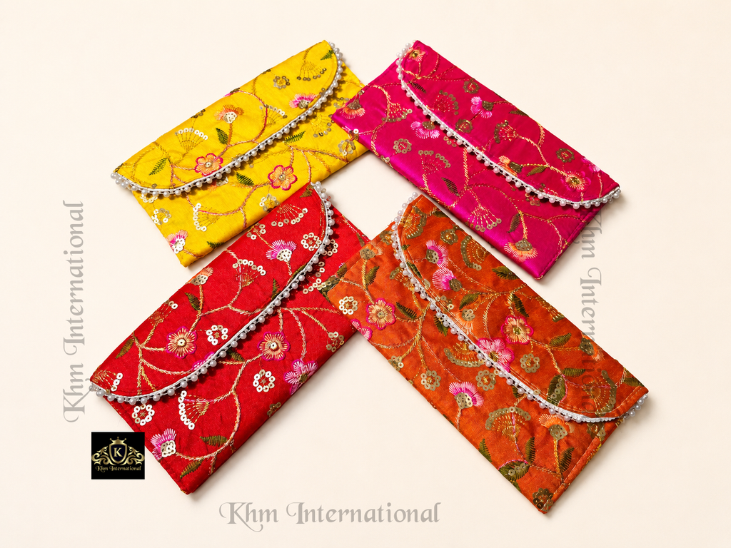 Embroidered Silk Envelope Clutch Bag with Floral Sequin Work & Pearl Border (9x5 Inches)
