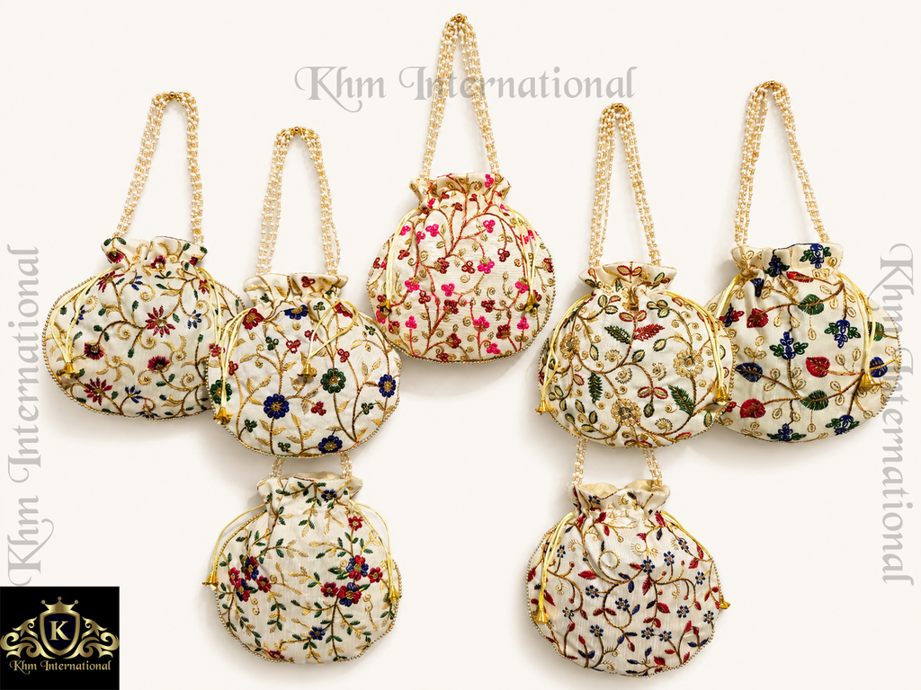 Embroidered Silk Potli Bag - Indian Handmade Party Favor (Lot of 100 Pcs, 9x9 inches)
