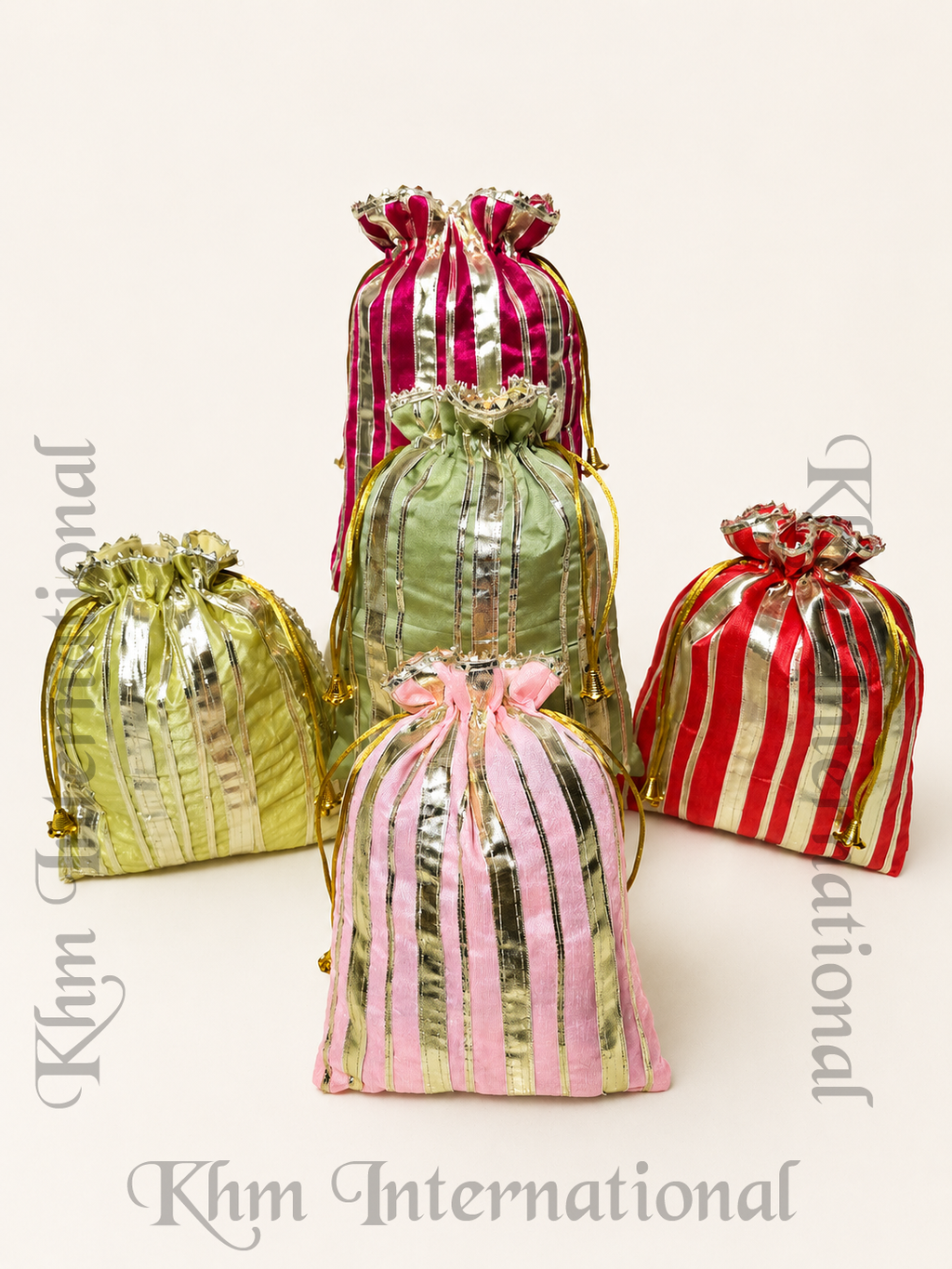 Striped Silk Potli Bag 7x9 Inch, Assorted Colors Indian Wedding Gift Bag, Drawstring Favor Pouch, Traditional Party Return Gift Bag