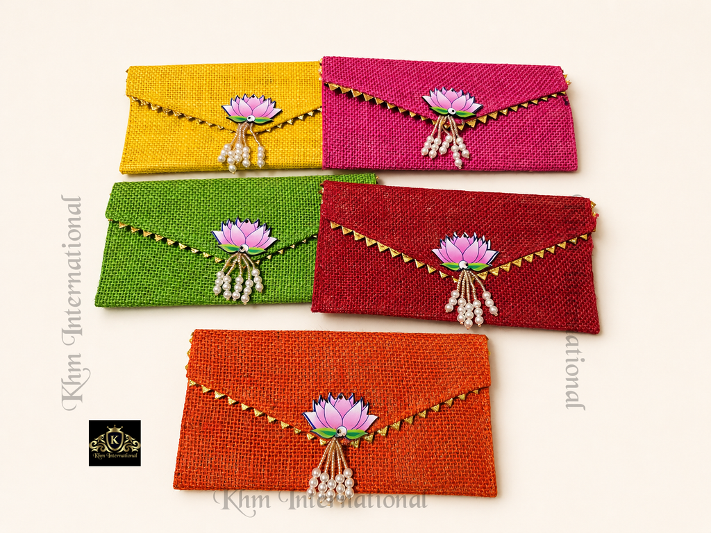 Handmade Jute Envelope Clutch Bag with Lotus & Pearl Embellishment
