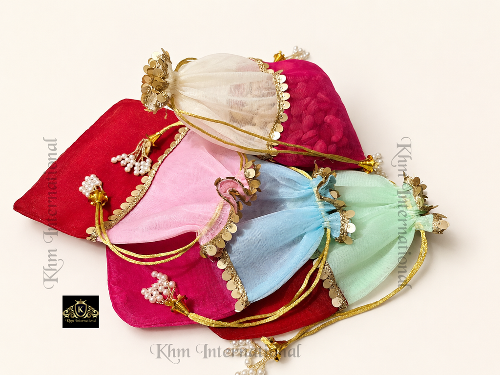 Handmade Organza Potli Bag Set – Indian Wedding Favor Bags, Bridesmaid Gift Pouches, Bridal Party Drawstring Bags