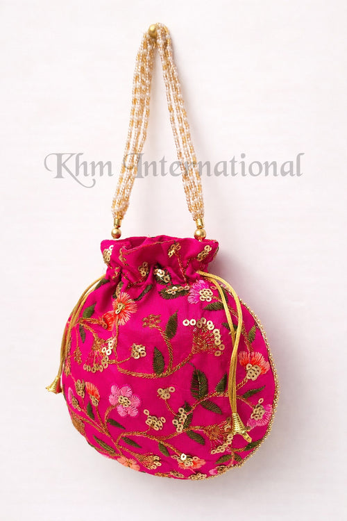 Floral Embroidered Potli Bag for Women | 9x9 Inch Indian Wedding Favor Purse, Bridal Drawstring Handbag, Ethnic Party Clutch