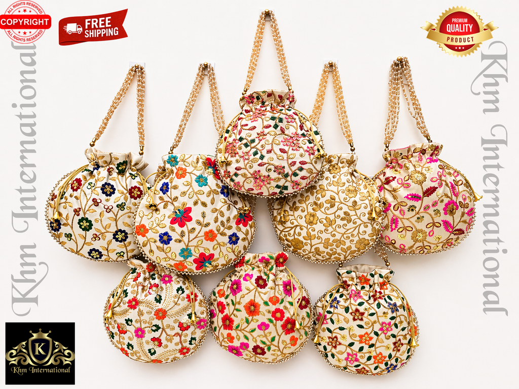 Cream Floral Embroidered Potli Bags with Golden Bead Handle for Wedding & Festive Wear