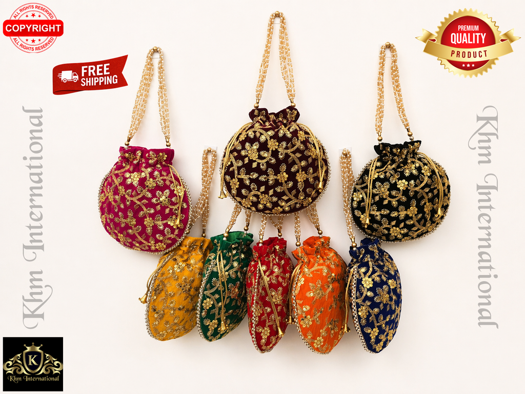 Gold Embroidered Potli Bag for Women | 9x9 Inch Indian Wedding Favor Purse, Bridal Drawstring Handbag, Ethnic Party Clutch