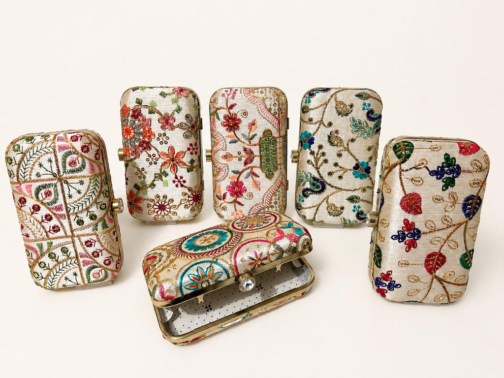 Women’s Embroidered Metal Frame Box Clutch Bag for Wedding & Party