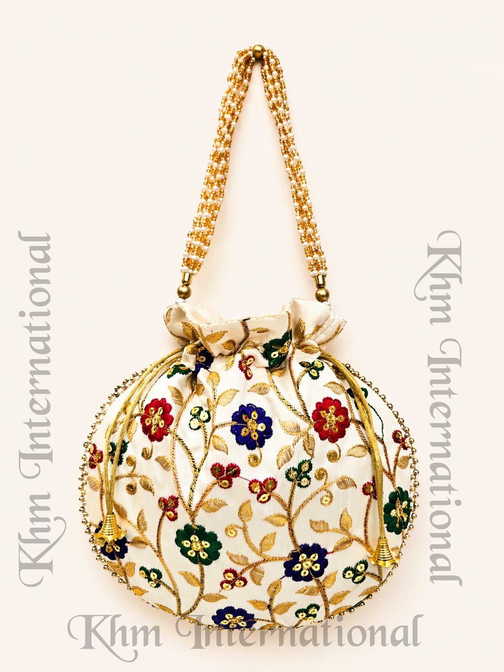 Cream Floral Embroidered Potli Bags with Golden Bead Handle for Wedding & Festive Wear