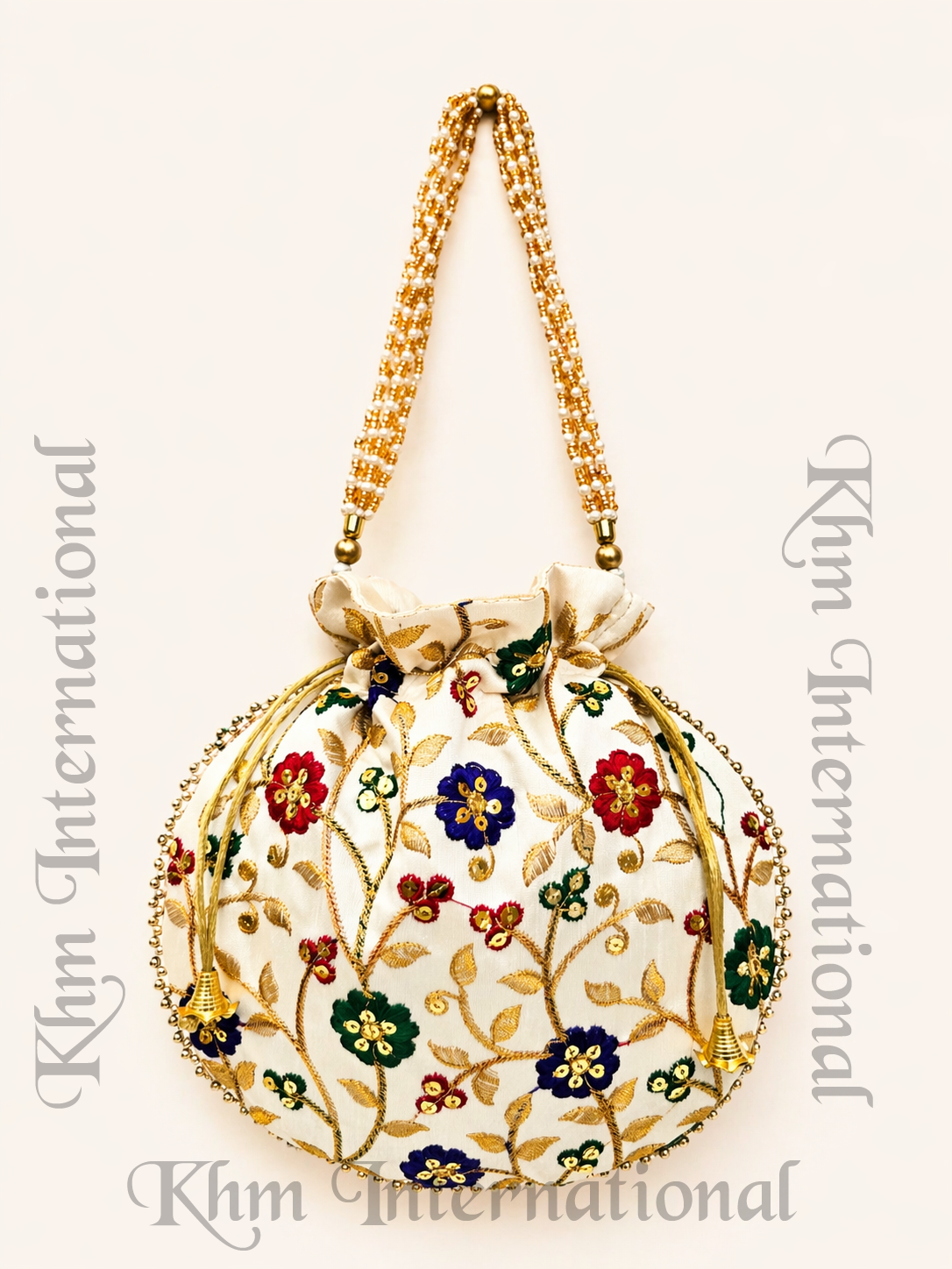 Cream Floral Embroidered Potli Bags with Golden Bead Handle for Wedding & Festive Wear