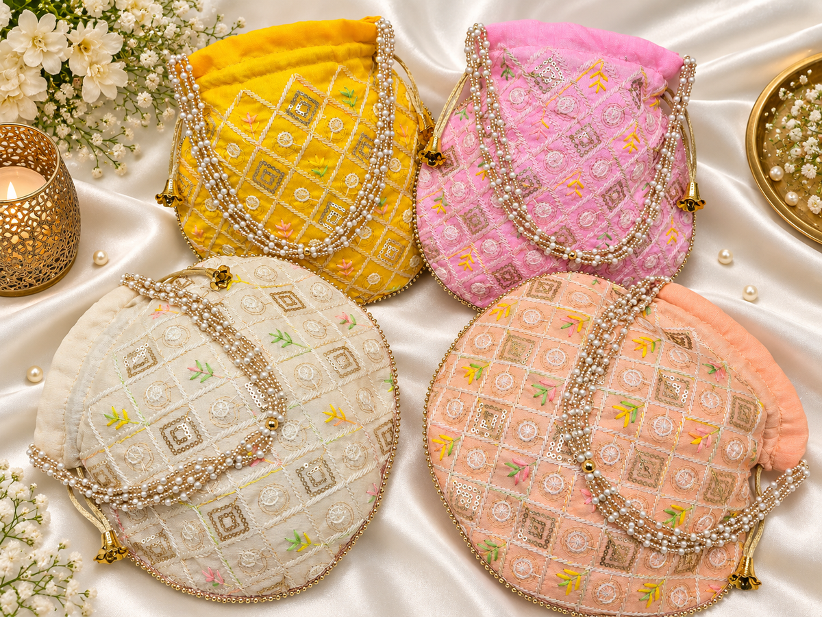 Embroidered Potli Bag for Wedding, Haldi, Mehendi & Party Favors