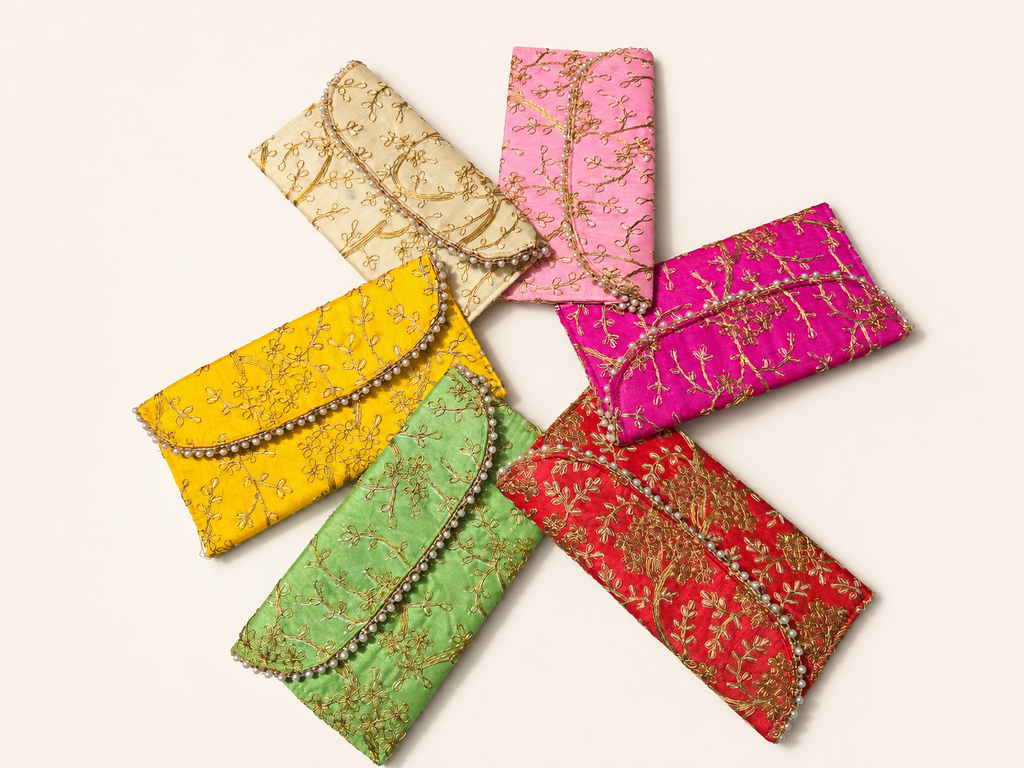 Hand Embroidered Zari Pearl Envelope Clutch Bag for Women