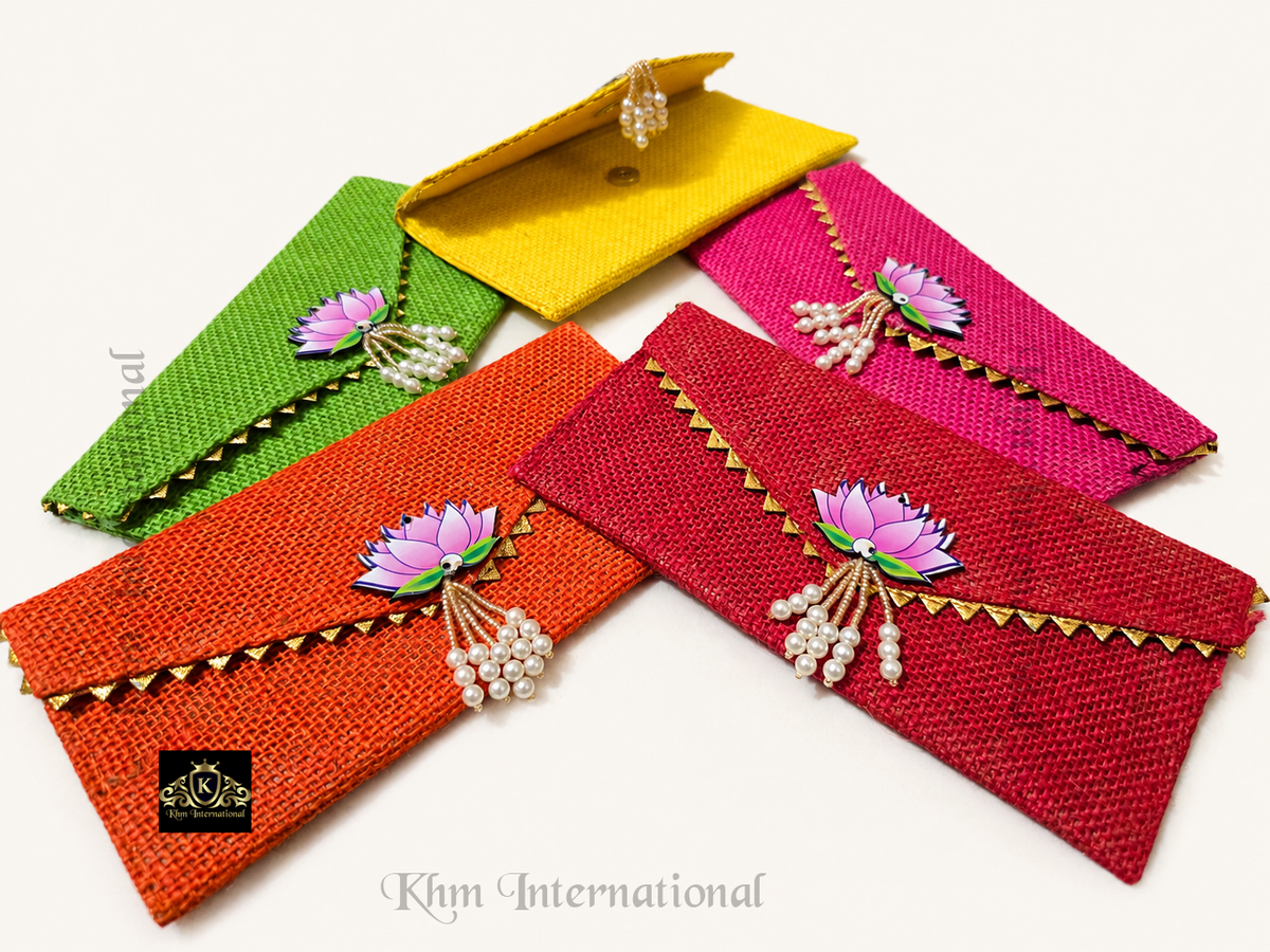 Handmade Jute Envelope Clutch Bag with Lotus & Pearl Embellishment