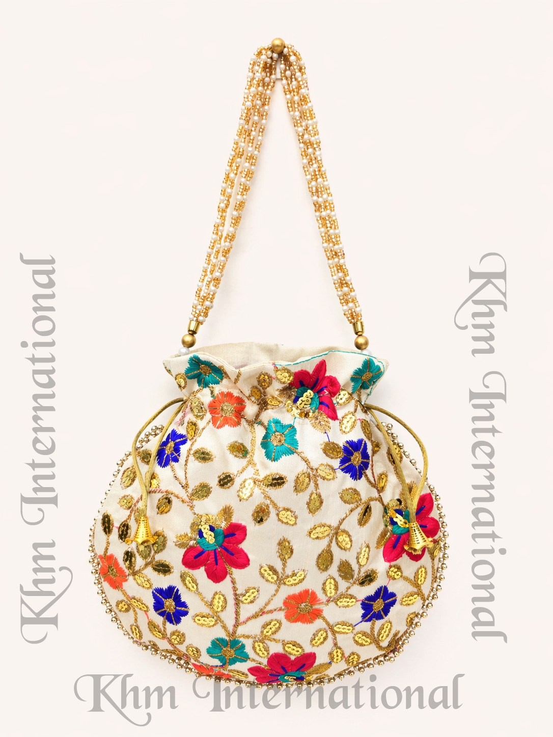 Cream Floral Embroidered Potli Bags with Golden Bead Handle for Wedding & Festive Wear