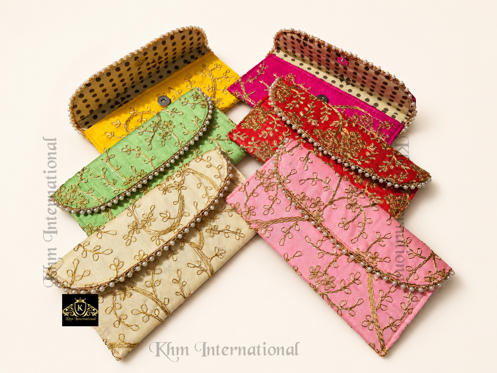 Hand Embroidered Zari Pearl Envelope Clutch Bag for Women