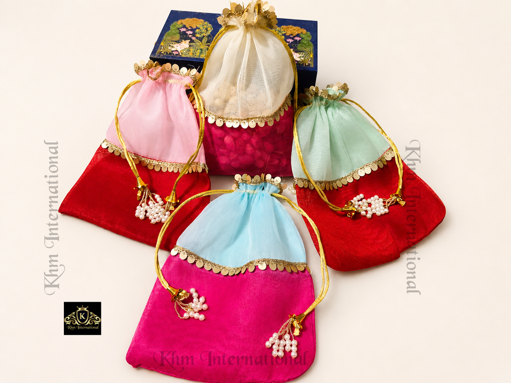 Handmade Organza Potli Bag Set – Indian Wedding Favor Bags, Bridesmaid Gift Pouches, Bridal Party Drawstring Bags