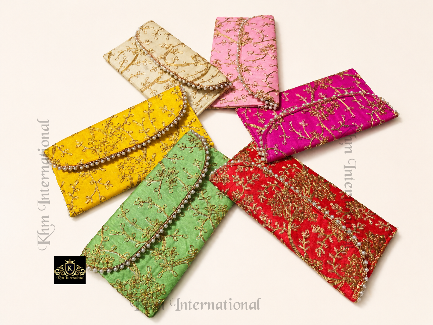Hand Embroidered Zari Pearl Envelope Clutch Bag for Women