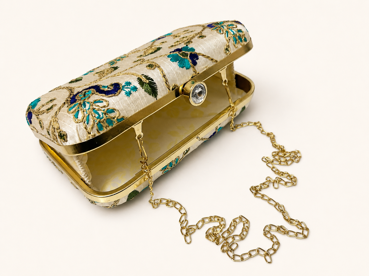 Women’s Embroidered Metal Frame Box Clutch Bag for Wedding & Party