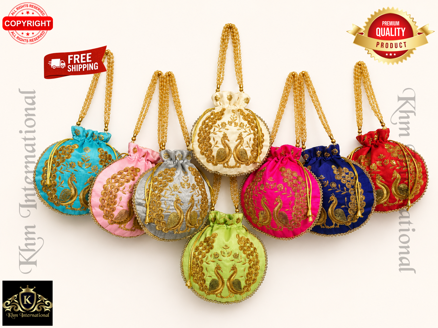 Peacock Embroidered Potli Bags with Golden Bead Handle for Wedding & Festive Wear