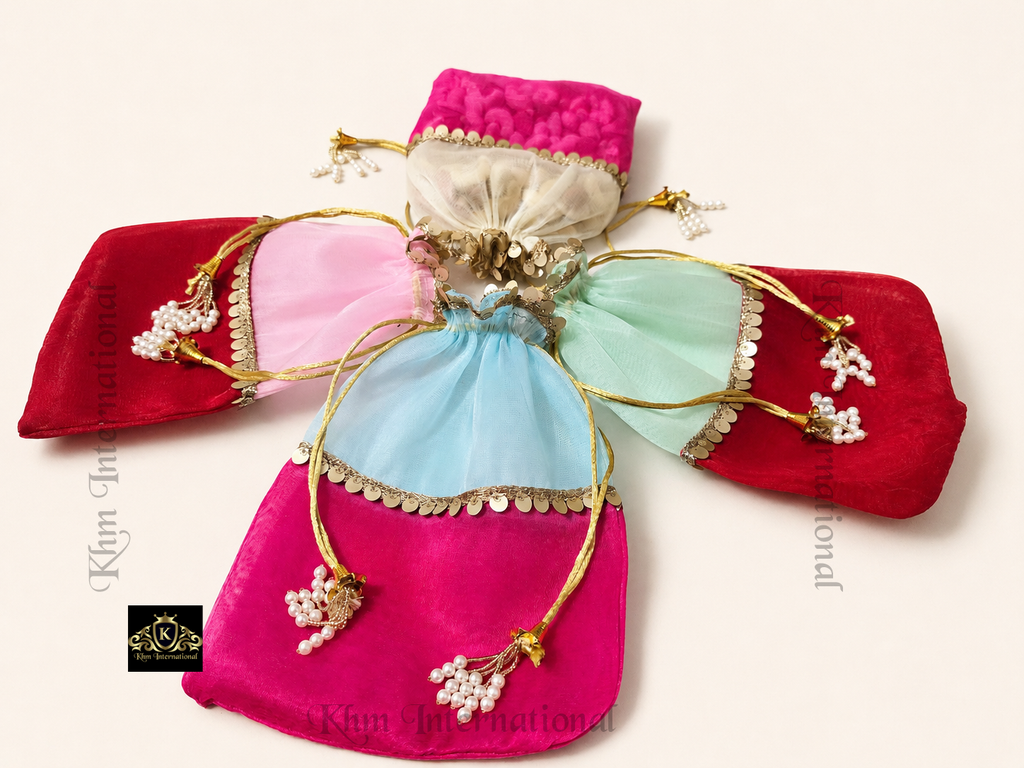 Handmade Organza Potli Bag Set – Indian Wedding Favor Bags, Bridesmaid Gift Pouches, Bridal Party Drawstring Bags