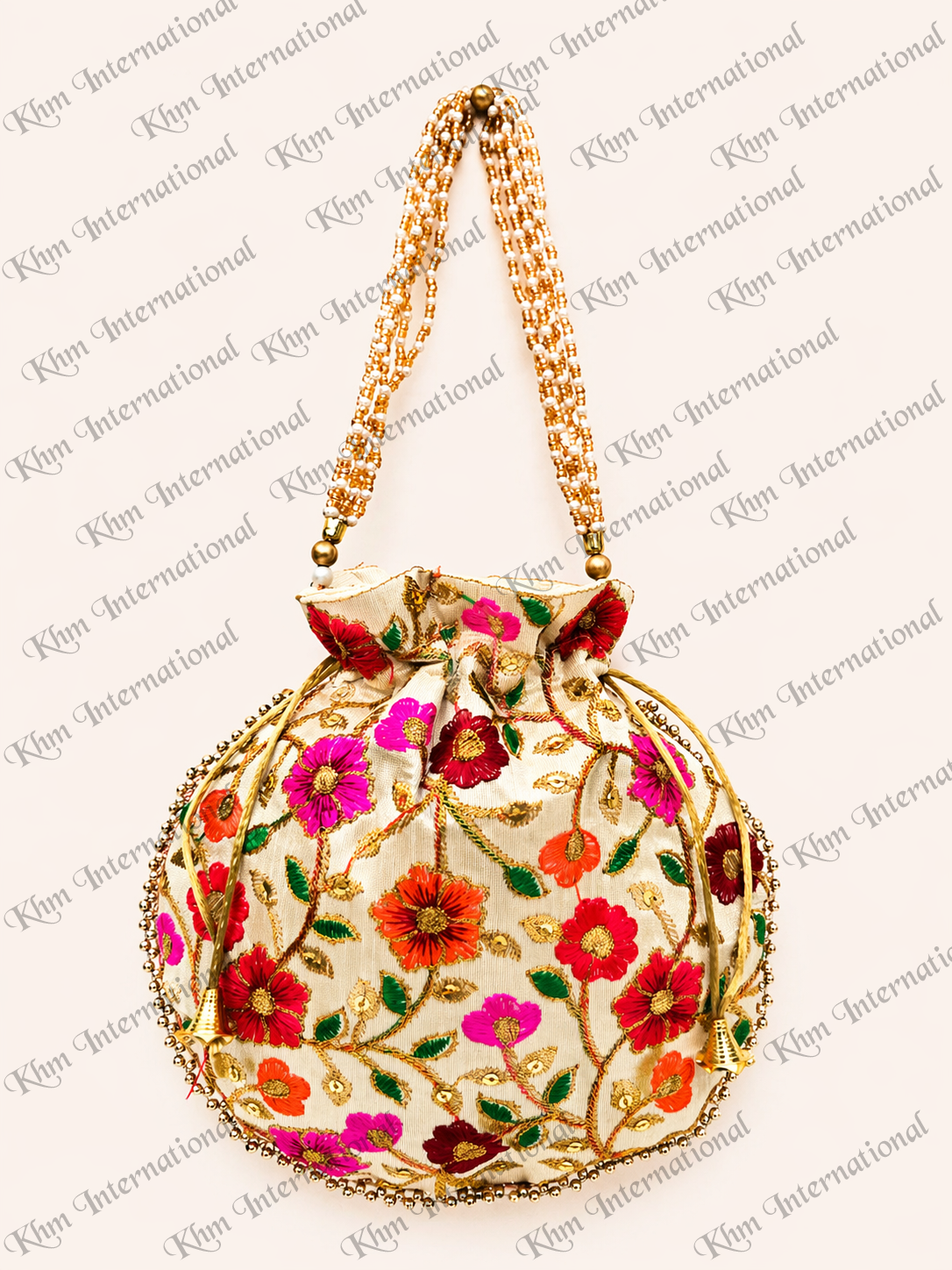 Cream Floral Embroidered Potli Bags with Golden Bead Handle for Wedding & Festive Wear