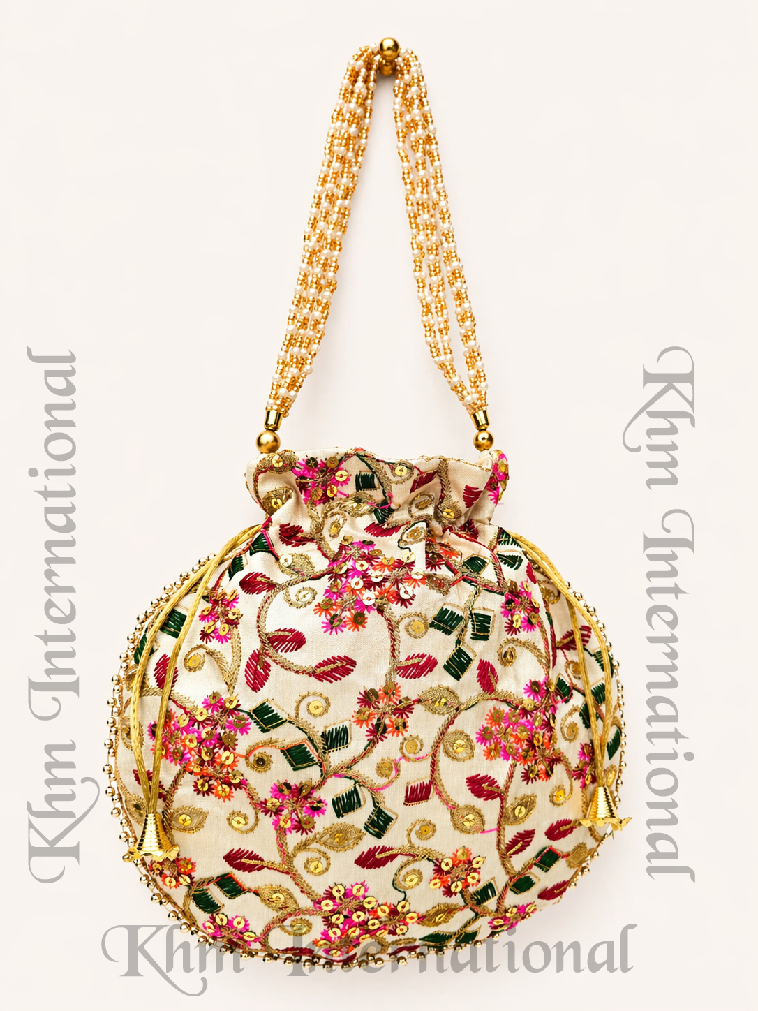 Cream Floral Embroidered Potli Bags with Golden Bead Handle for Wedding & Festive Wear