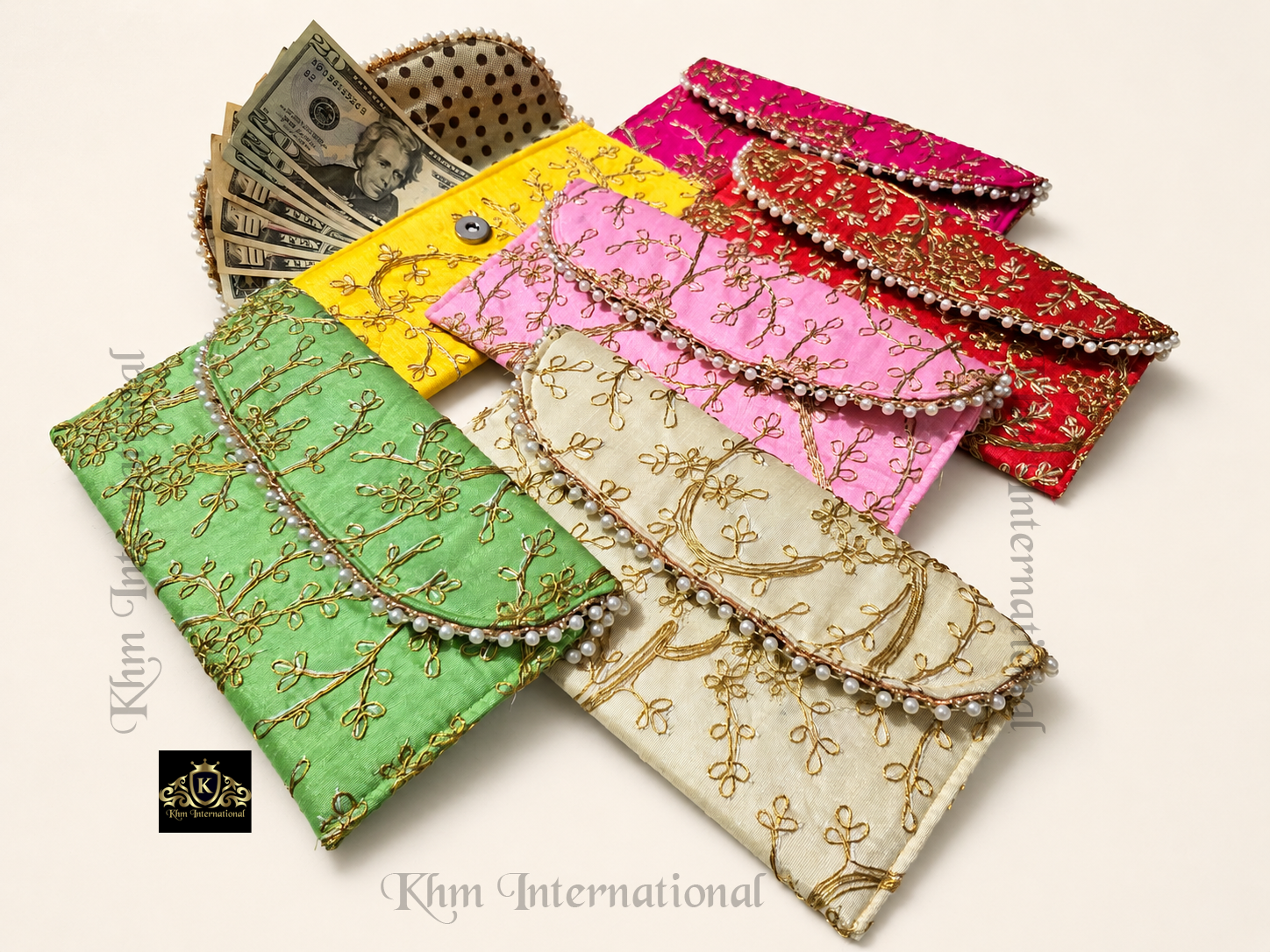 Hand Embroidered Zari Pearl Envelope Clutch Bag for Women