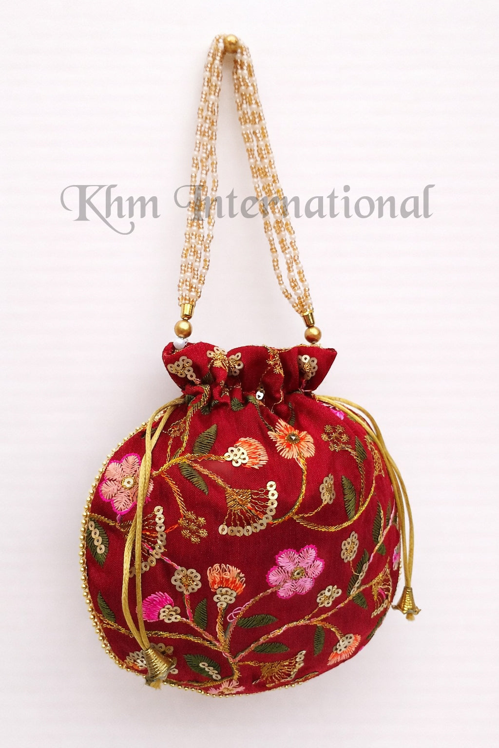 Floral Embroidered Potli Bag for Women | 9x9 Inch Indian Wedding Favor Purse, Bridal Drawstring Handbag, Ethnic Party Clutch