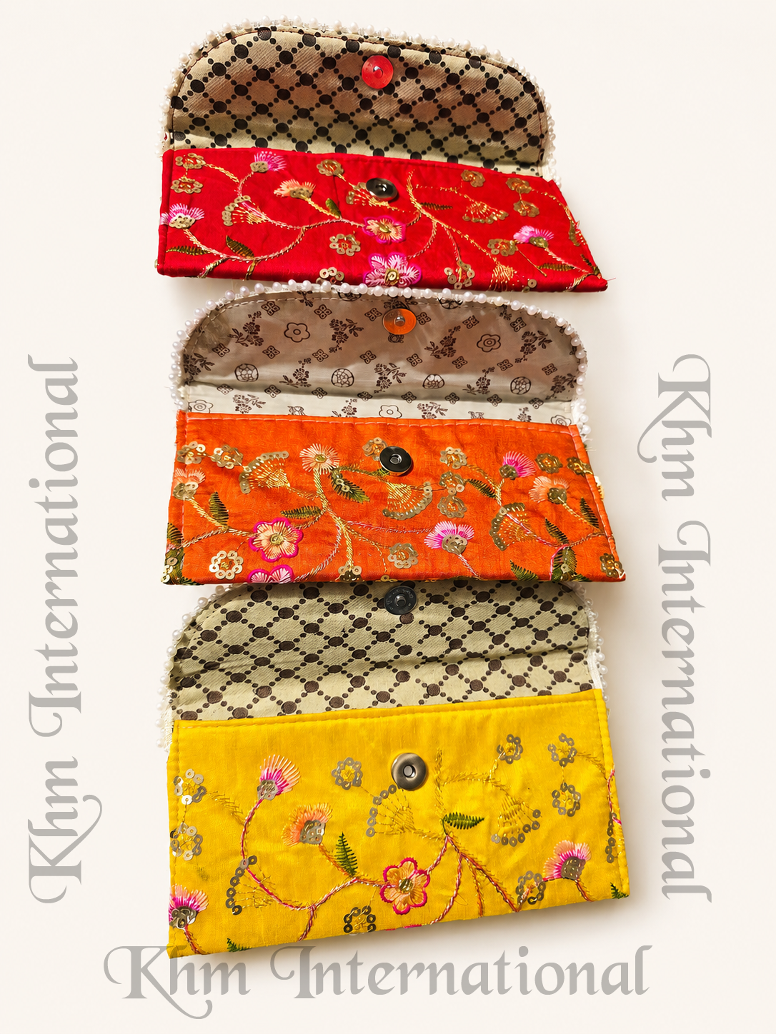 Embroidered Silk Envelope Clutch Bag with Floral Sequin Work & Pearl Border (9x5 Inches)