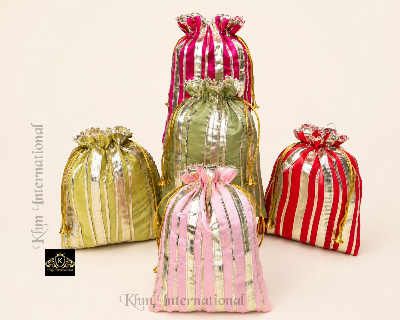 Striped Silk Potli Bag 7x9 Inch, Assorted Colors Indian Wedding Gift Bag, Drawstring Favor Pouch, Traditional Party Return Gift Bag