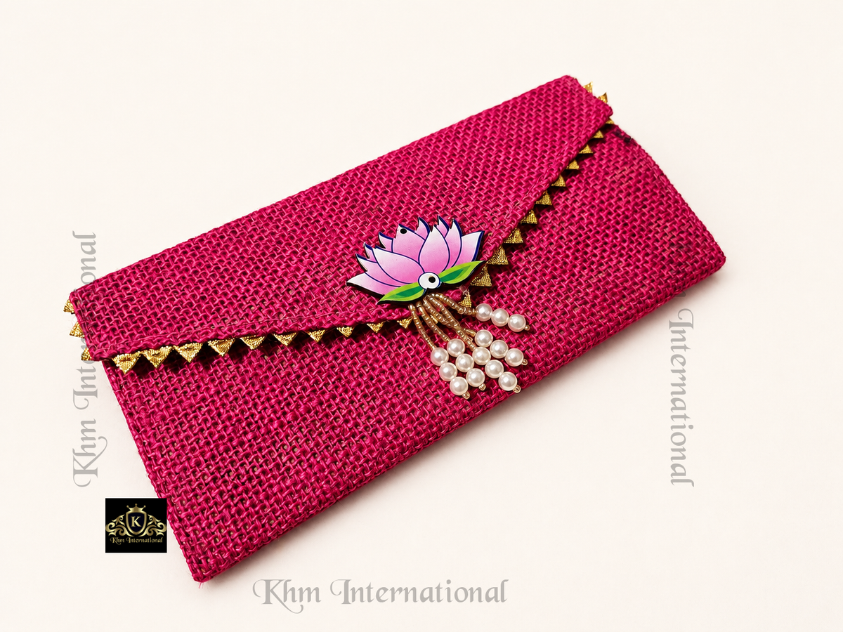 Handmade Jute Envelope Clutch Bag with Lotus & Pearl Embellishment