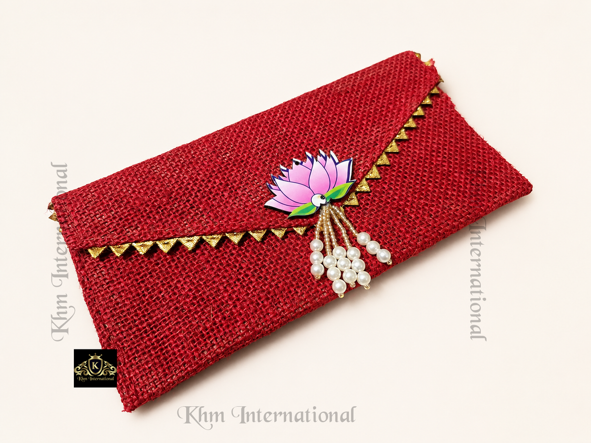 Handmade Jute Envelope Clutch Bag with Lotus & Pearl Embellishment