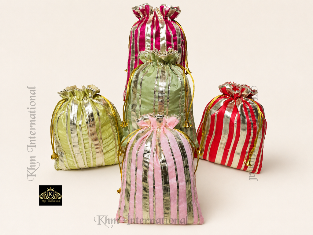Striped Silk Potli Bag 7x9 Inch, Assorted Colors Indian Wedding Gift Bag, Drawstring Favor Pouch, Traditional Party Return Gift Bag
