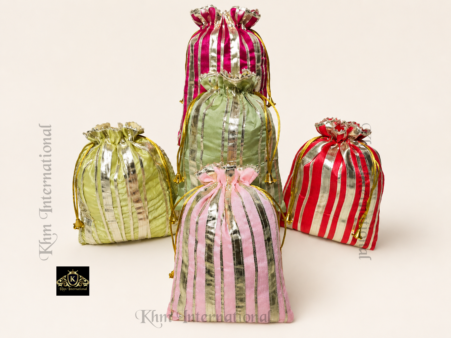 Striped Silk Potli Bag 7x9 Inch, Assorted Colors Indian Wedding Gift Bag, Drawstring Favor Pouch, Traditional Party Return Gift Bag