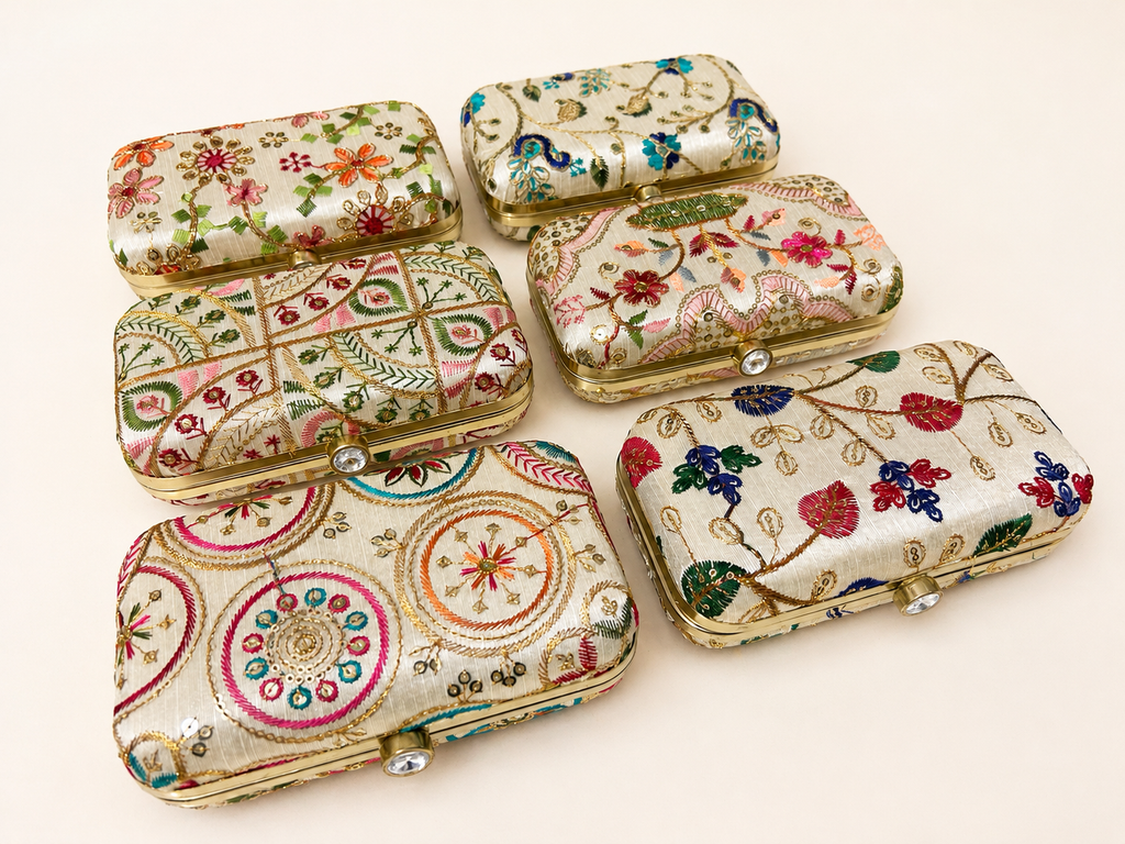 Women’s Embroidered Metal Frame Box Clutch Bag for Wedding & Party